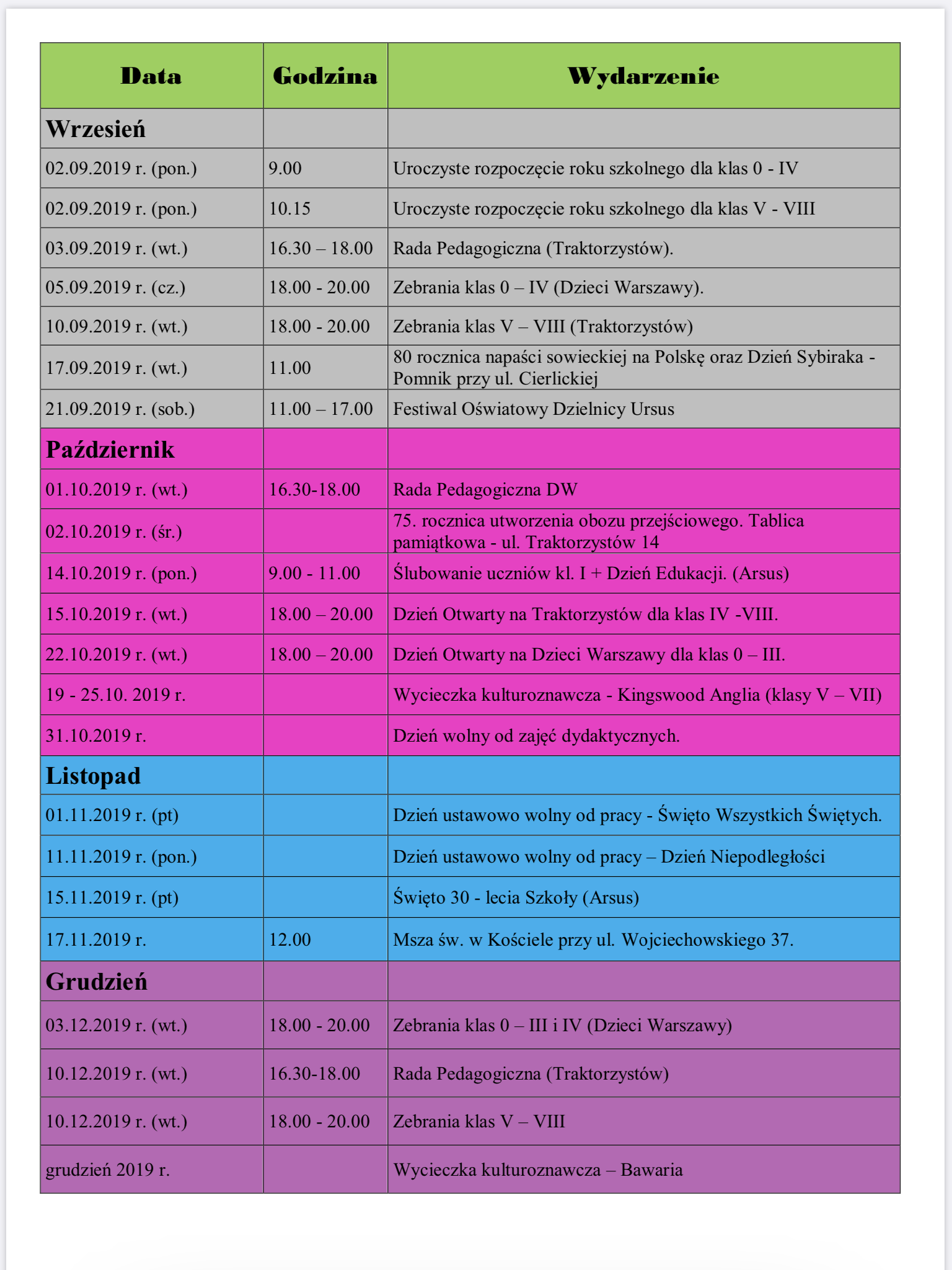 Kalendarium 2019/2020 - Społeczna Szkoła Podstawowa nr 4 im. Wł
